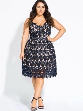 City Chic So Fancy Illusion Lace Midi Dress In Navy Blue Size 18